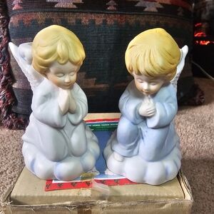 Vintage Christmas Around The World Bisque Praying Angel Taper Holders 4.5"